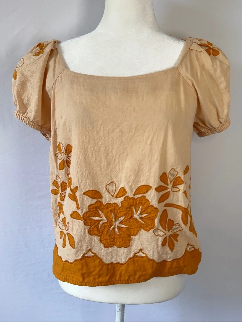 Madewell Orange Floral Embroidered Puff Sleeve Top Small Lace Up Back Rust Trim